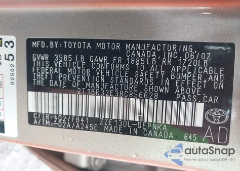 2008 Toyota Corolla Le из США, поврежденный, VIN 2T1BR32E38C856628